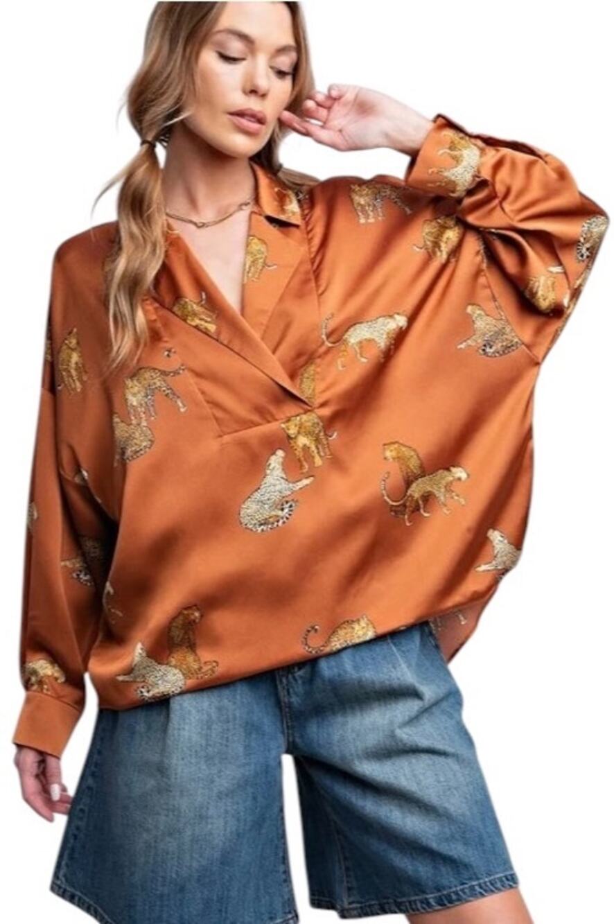 Easel Leopard Cheetah Animal Print Rust Brown Orange V-Neck Satin Top Blouse S